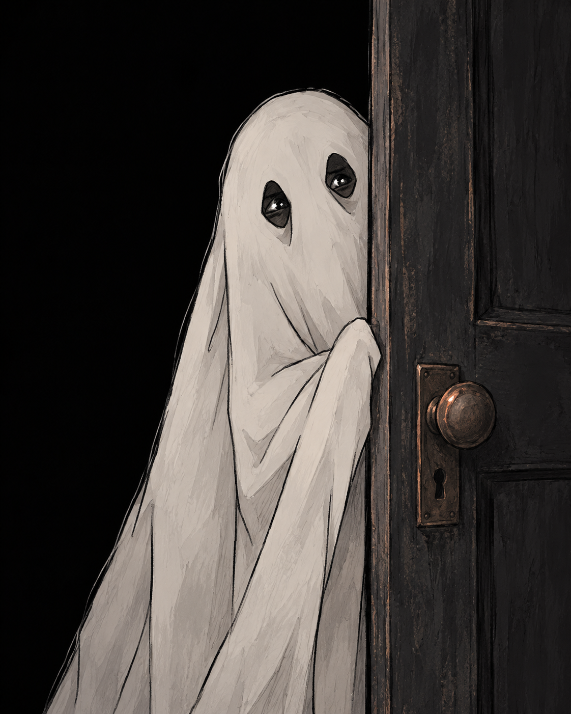 Hand-drawn ghost peeking out from a dark doorway