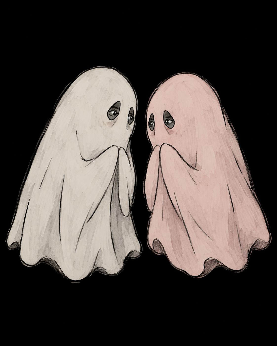 Two hand-drawn ghosts facing each other as a matching pair