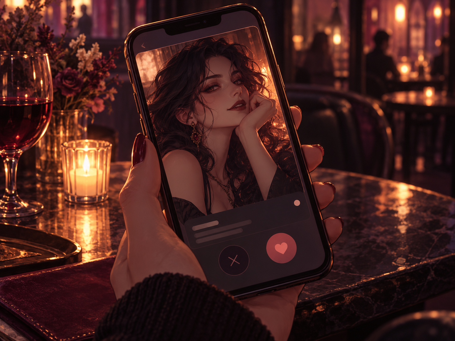 Illustrated dating-app match on a phone in a dim bistro