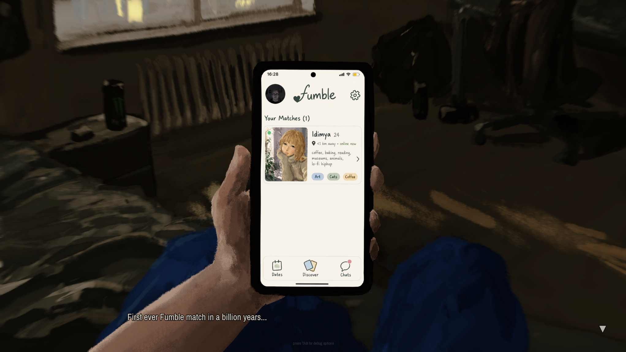 The protagonist checks a Fumble dating app match with Idimya in a dark room