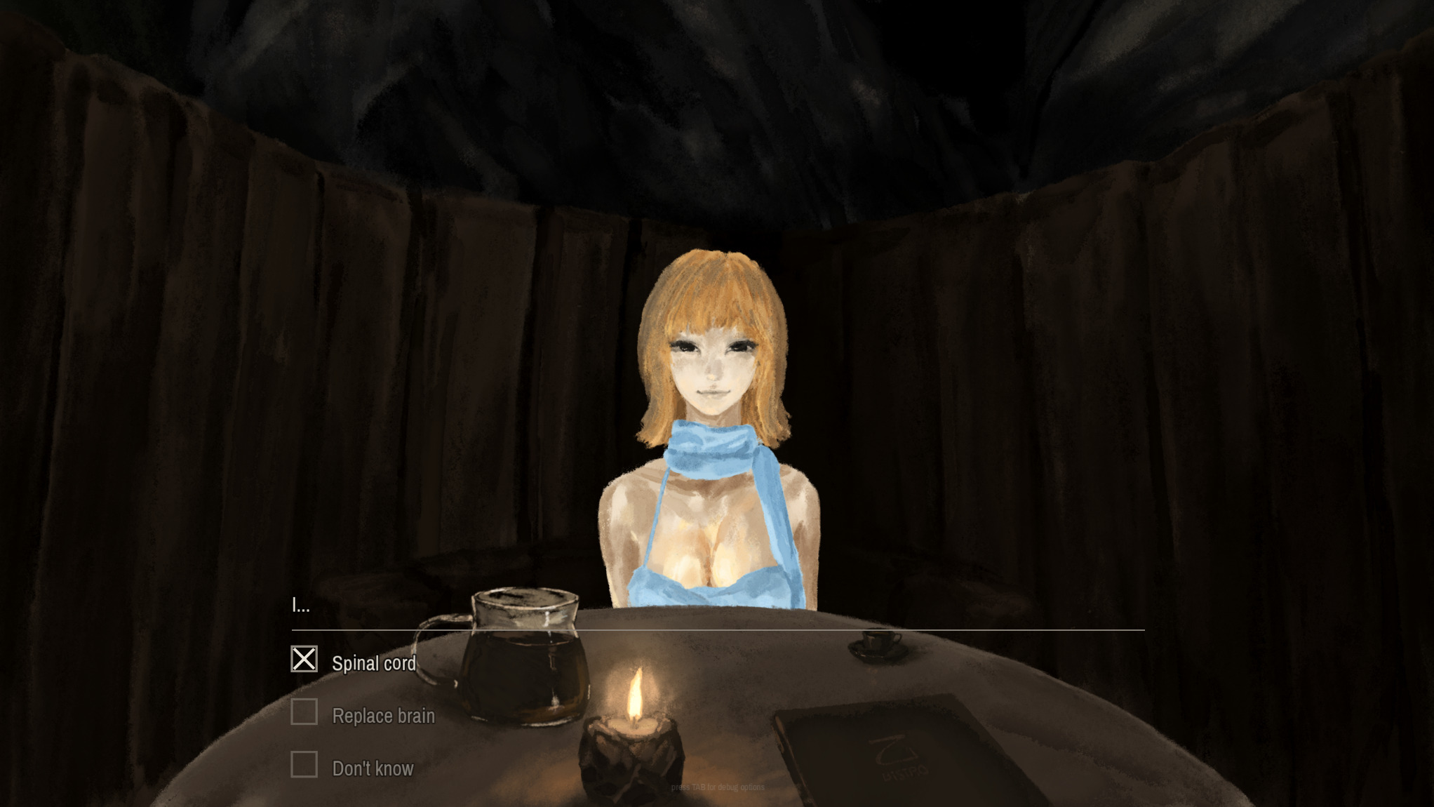 Idimya waits across a candlelit table as the protagonist considers a disturbing answer